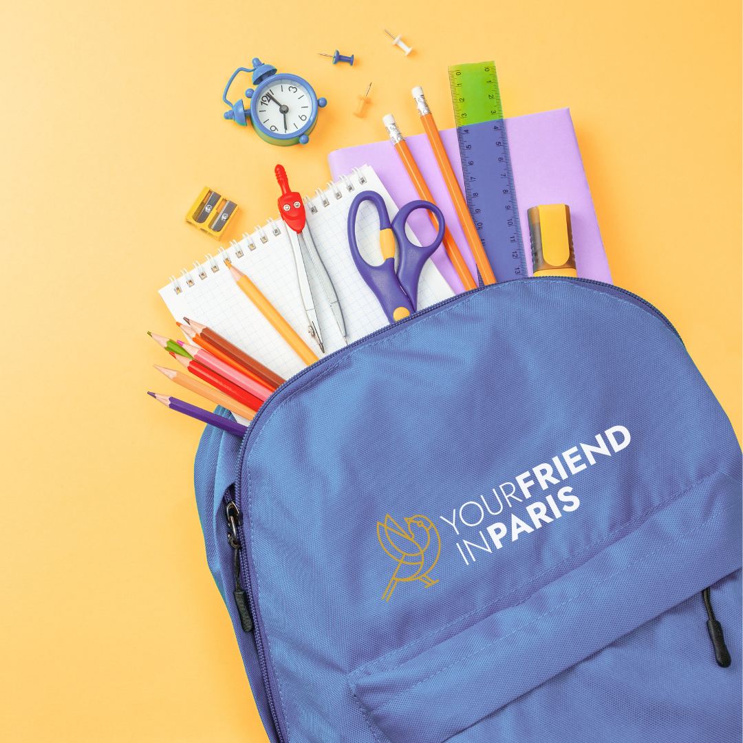 A backpack with school supplies spilling out of it, showing back to school shopping as an important part of La Rentrée. The bag has the Your Friend in Paris logo on it.