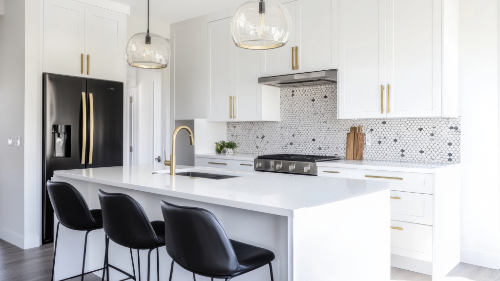 Bright modern kitchen in a Paris apartment rental with white cabinets and an island