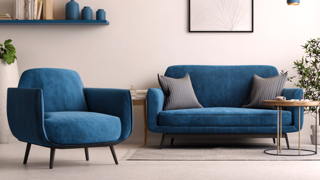 Modern living room with a blue sofa and matching armchair, minimalist decor and coffee table